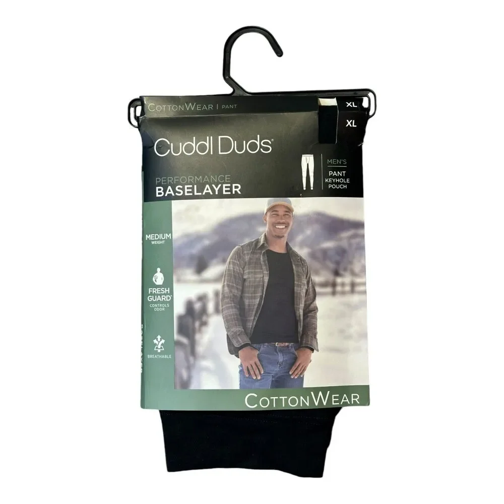 Men’s Base Layer Pants Midweight Cottonwear Performance Cuddl Duds Black Size XL